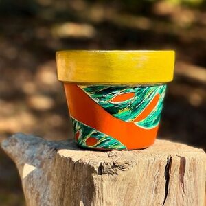 Hand painted plant pot ~ variegated monstera leaves with gold accents